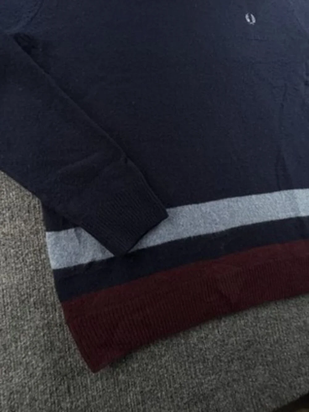 Fred Perry Pullover Logo XL Sweater Blue Red Crew Neck Wool Striped Designer